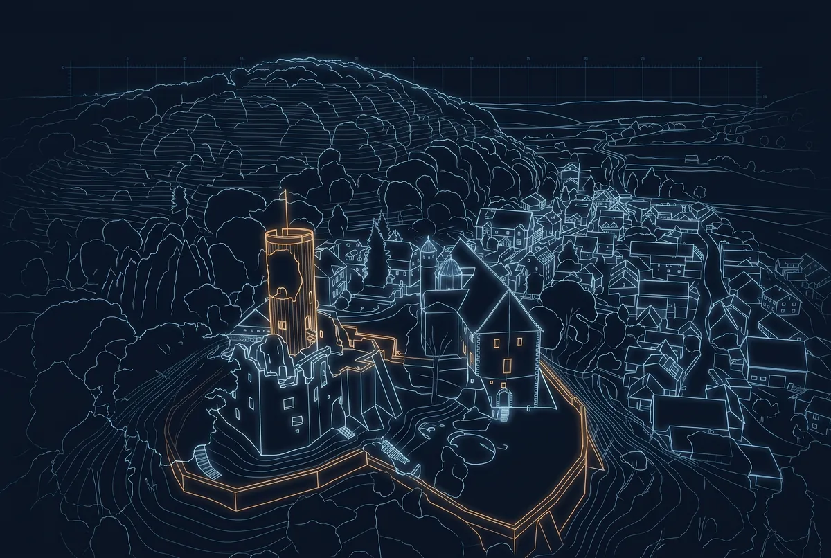 Burg Schwarzenfels in Sinntal als Laserzeichnung: Bergfried, Burgmauern und das Dorf am Hang in leuchtenden Linien