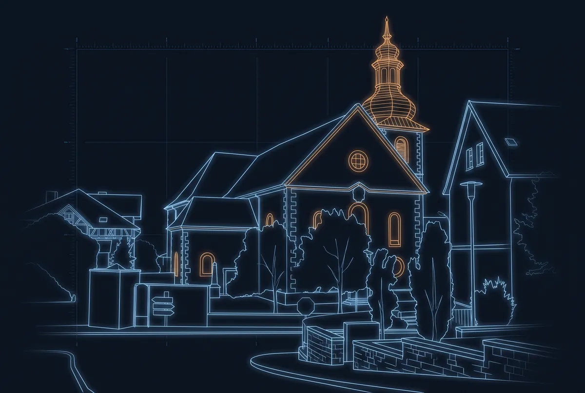 Die Pfarrkirche St. Goar in Flieden als Laserzeichnung: Kirchenschiff, Zwiebelturm und Nachbarhäuser in leuchtenden Linien