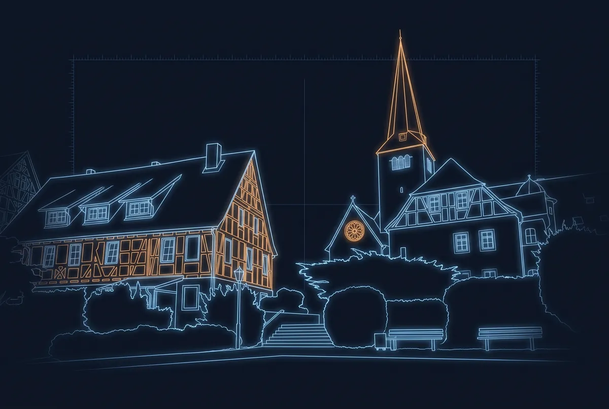 Der Klosterhof in Schlüchtern als Laserzeichnung: Fachwerkhäuser, Stadtkirche mit spitzem Turm und Rosenfenster in leuchtenden Linien