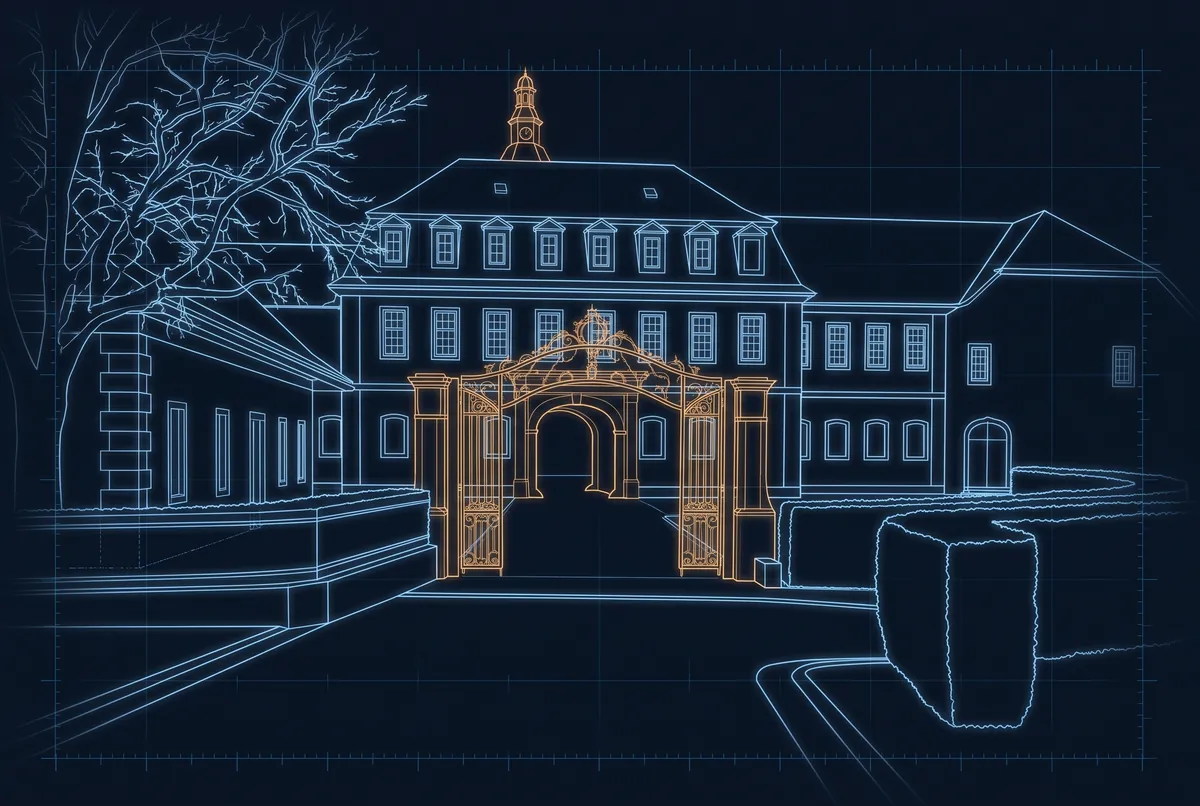 Schloss Birstein als Laserzeichnung: Schlossflügel, Torbogen und Dachlaterne in leuchtenden Linien
