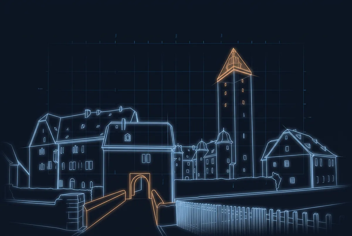 Schloss Steinau an der Straße als Laserzeichnung: Torhaus, Bergfried und Brücke über den Graben in leuchtenden Linien