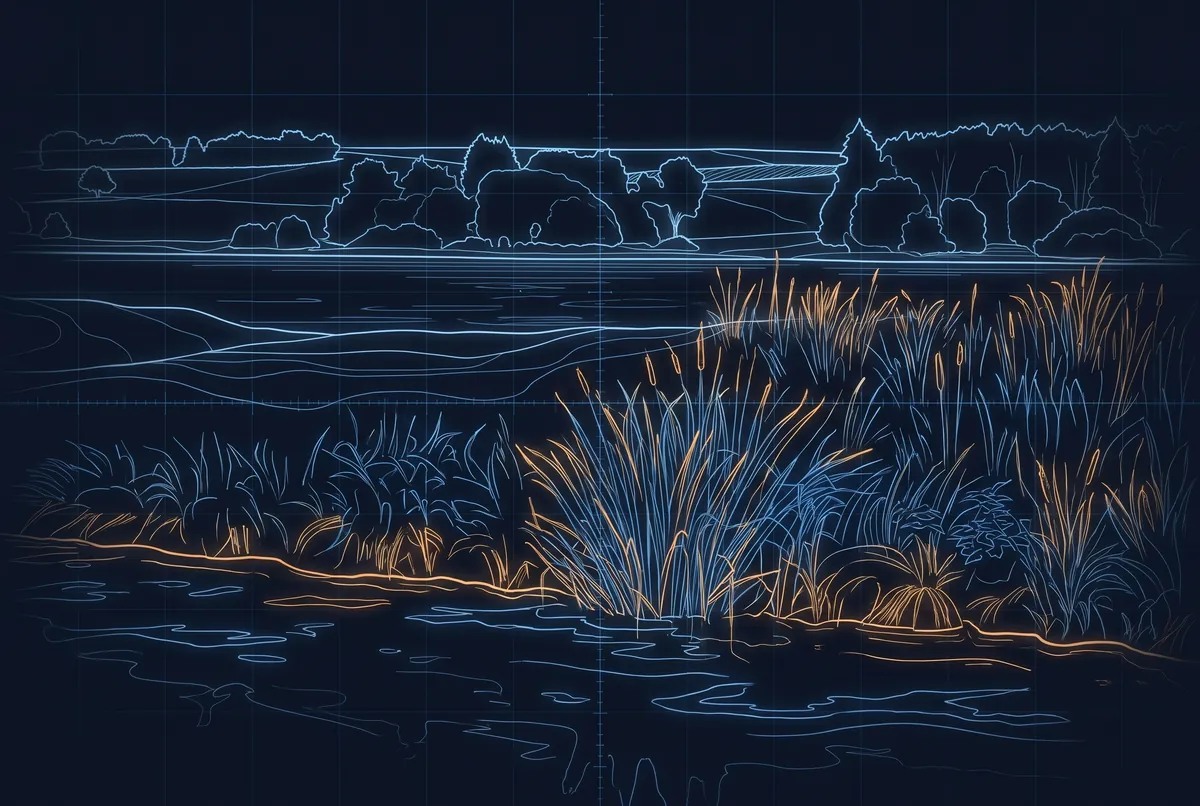 Ein Teich der Drei-Seen-Tour bei Freiensteinau als Laserzeichnung: Wasserfläche, Schilf und bewaldeter Höhenzug in leuchtenden Linien